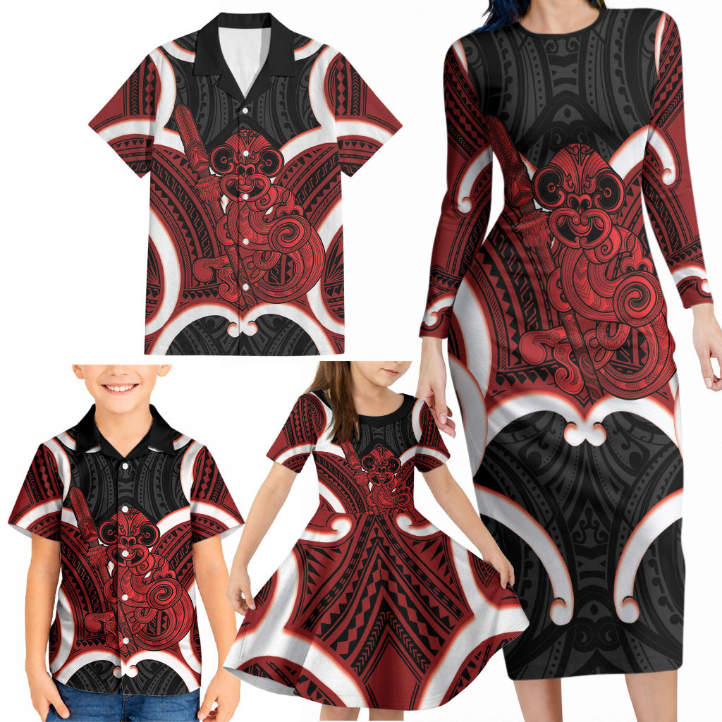 Whero Aotearoa Atua Tumatauenga Personalised Family Matching Long Sleeve Bodycon Dress and Hawaiian Shirt Maori God Of War Tiki With Taiaha LT14 - Polynesian Pride