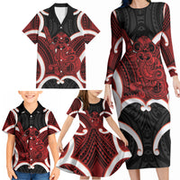 Whero Aotearoa Atua Tumatauenga Personalised Family Matching Long Sleeve Bodycon Dress and Hawaiian Shirt Maori God Of War Tiki With Taiaha LT14 - Polynesian Pride