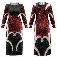 Whero Aotearoa Atua Tumatauenga Personalised Family Matching Long Sleeve Bodycon Dress and Hawaiian Shirt Maori God Of War Tiki With Taiaha LT14 Mom's Dress Red - Polynesian Pride