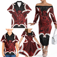 Whero Aotearoa Atua Tumatauenga Personalised Family Matching Off The Shoulder Long Sleeve Dress and Hawaiian Shirt Maori God Of War Tiki With Taiaha LT14 - Polynesian Pride