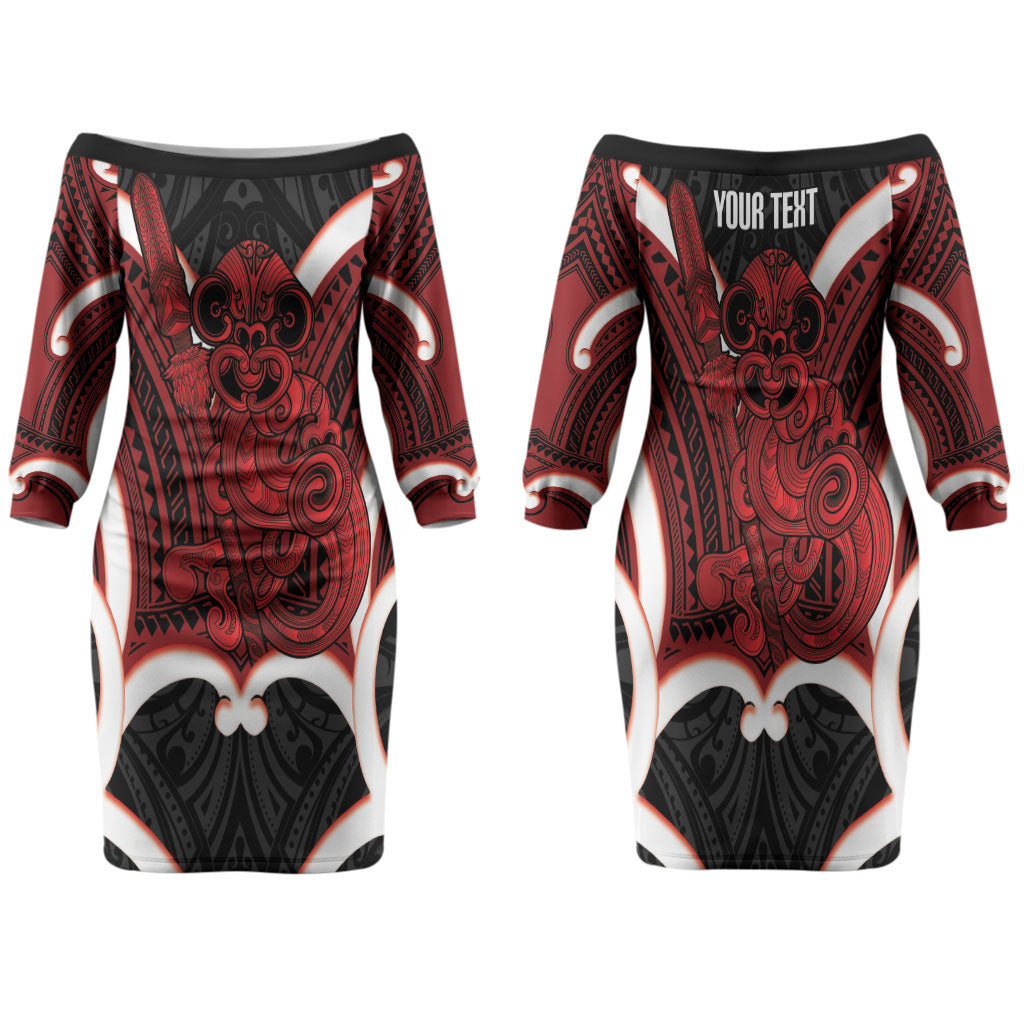 Whero Aotearoa Atua Tumatauenga Personalised Family Matching Off The Shoulder Long Sleeve Dress and Hawaiian Shirt Maori God Of War Tiki With Taiaha LT14 Mom's Dress Red - Polynesian Pride