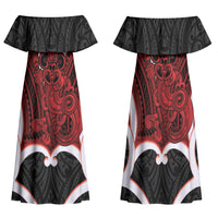 Whero Aotearoa Atua Tumatauenga Personalised Family Matching Off Shoulder Maxi Dress and Hawaiian Shirt Maori God Of War Tiki With Taiaha LT14 Mom's Dress Red - Polynesian Pride