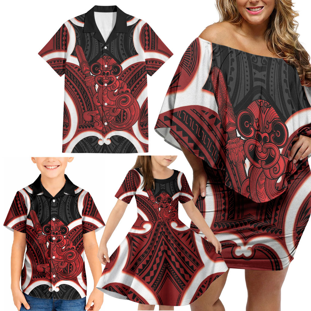 Whero Aotearoa Atua Tumatauenga Personalised Family Matching Off Shoulder Short Dress and Hawaiian Shirt Maori God Of War Tiki With Taiaha LT14 - Polynesian Pride
