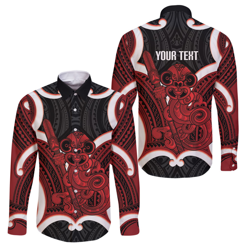Whero Aotearoa Atua Tumatauenga Personalised Family Matching Off Shoulder Short Dress and Hawaiian Shirt Maori God Of War Tiki With Taiaha LT14 Dad's Shirt - Long Sleeve Red - Polynesian Pride