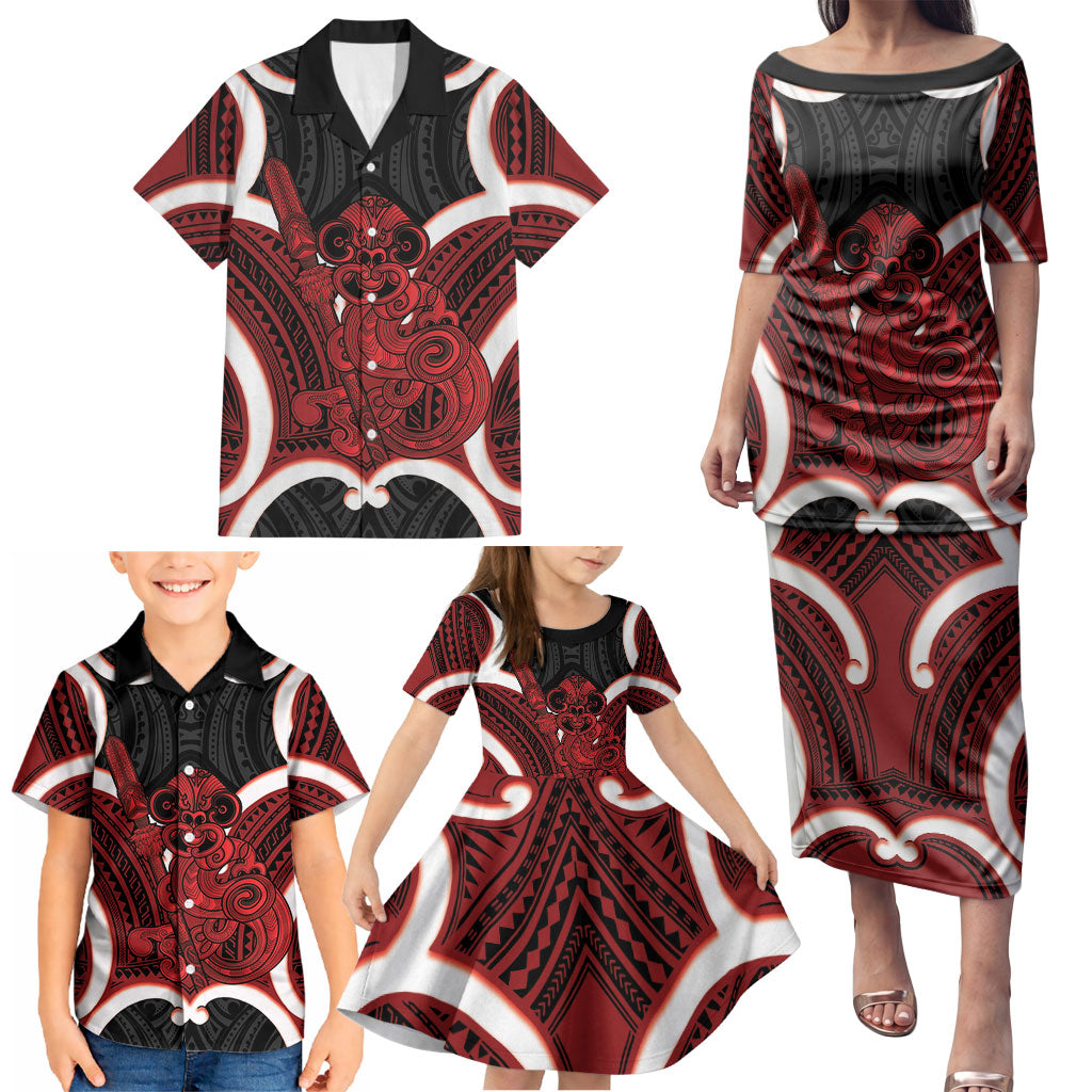 Whero Aotearoa Atua Tumatauenga Personalised Family Matching Puletasi and Hawaiian Shirt Maori God Of War Tiki With Taiaha LT14 - Polynesian Pride
