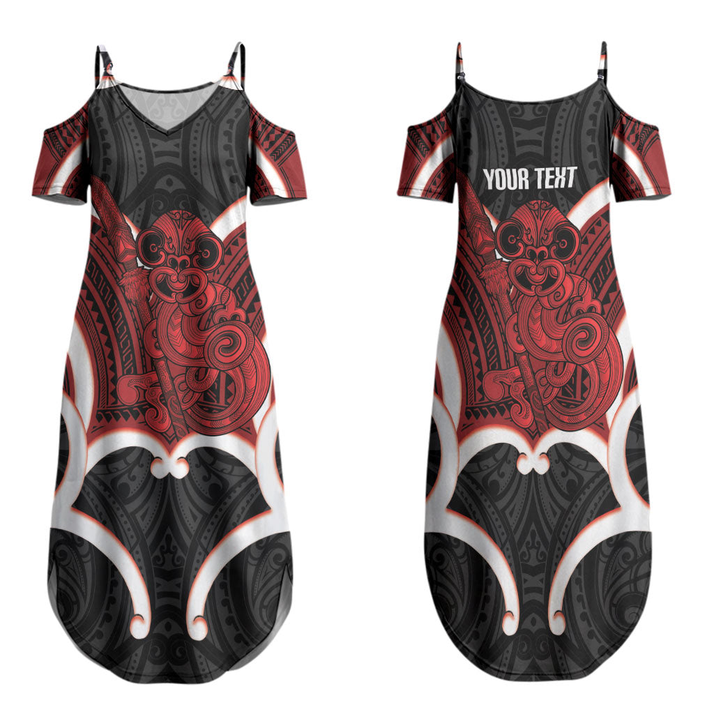 Whero Aotearoa Atua Tumatauenga Personalised Family Matching Summer Maxi Dress and Hawaiian Shirt Maori God Of War Tiki With Taiaha LT14 Mom's Dress Red - Polynesian Pride