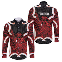 Whero Aotearoa Atua Tumatauenga Personalised Family Matching Summer Maxi Dress and Hawaiian Shirt Maori God Of War Tiki With Taiaha LT14 Dad's Shirt - Long Sleeve Red - Polynesian Pride