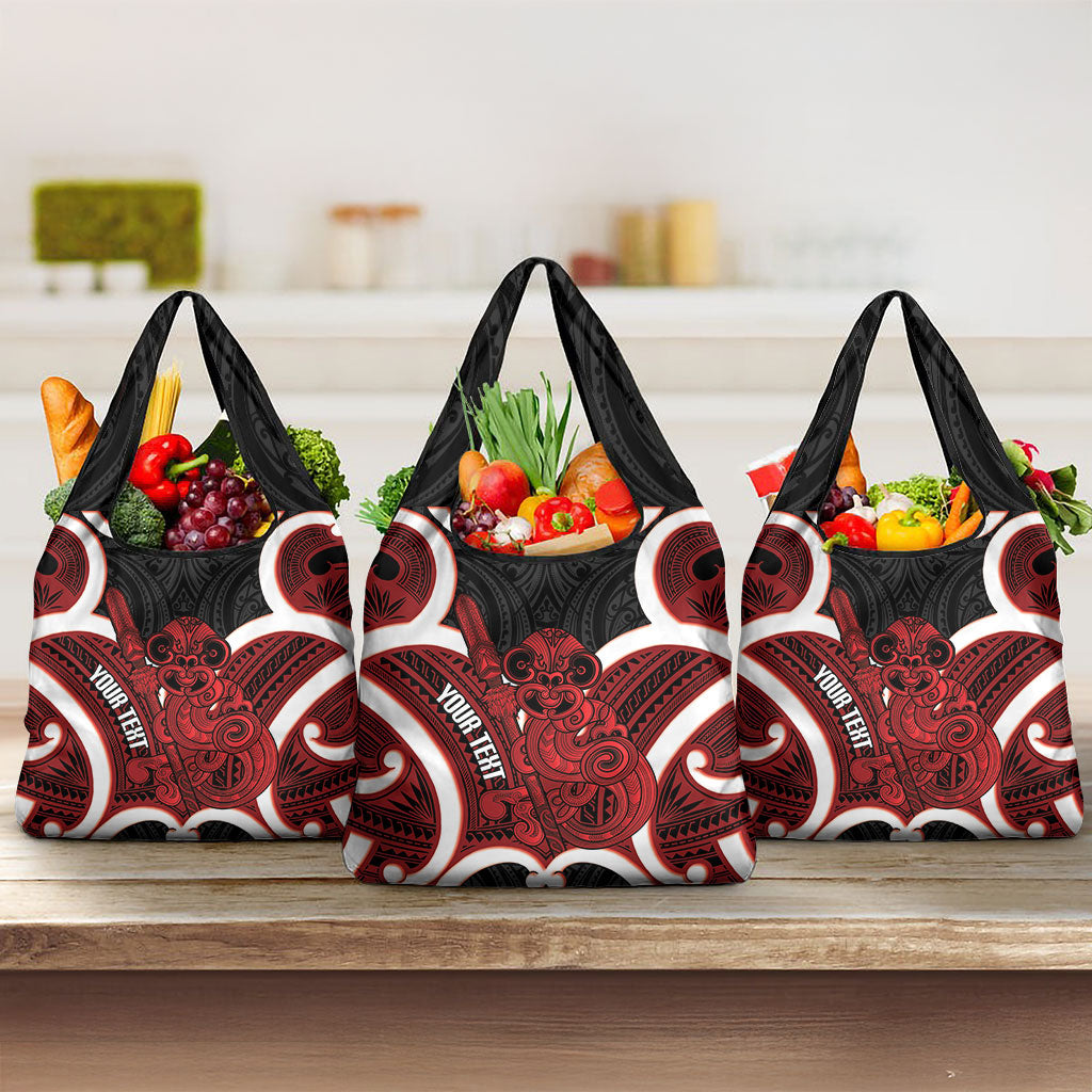 Whero Aotearoa Atua Tumatauenga Personalised Grocery Bag Maori God Of War Tiki With Taiaha LT14 3-pack One Size Red - Polynesian Pride