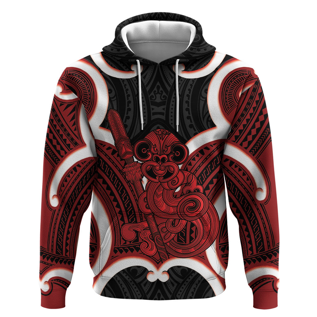 Whero Aotearoa Atua Tumatauenga Personalised Hoodie Maori God Of War Tiki With Taiaha LT14 Pullover Hoodie Red - Polynesian Pride