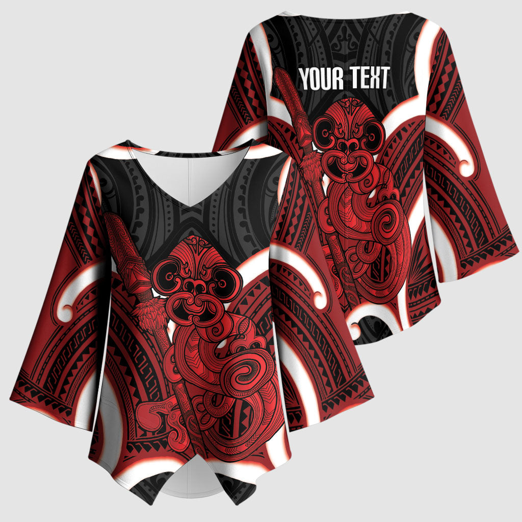 Whero Aotearoa Atua Tumatauenga Personalised Kimono Sleeve Blouse Maori God Of War Tiki With Taiaha LT14 - Polynesian Pride