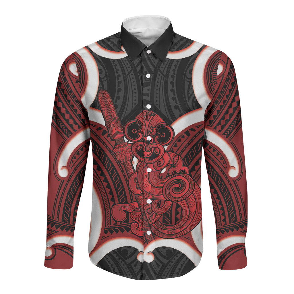 Whero Aotearoa Atua Tumatauenga Personalised Long Sleeve Button Shirt Maori God Of War Tiki With Taiaha LT14 Unisex Red - Polynesian Pride