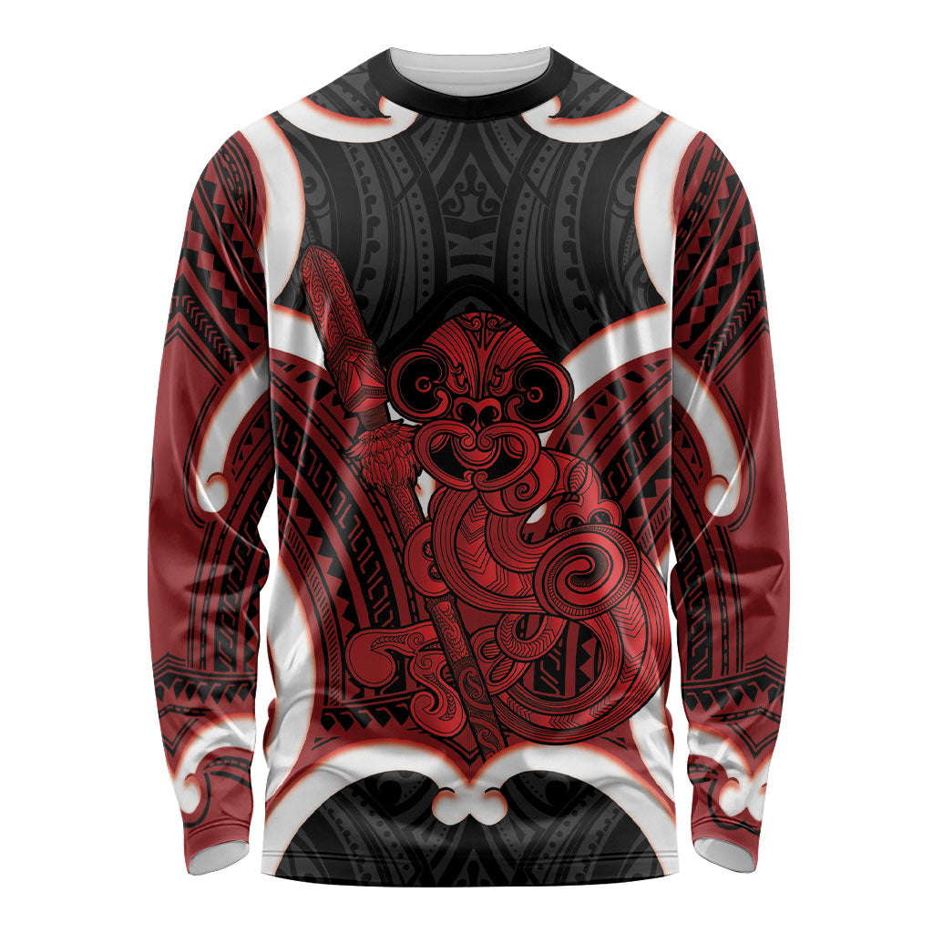 Whero Aotearoa Atua Tumatauenga Personalised Long Sleeve Shirt Maori God Of War Tiki With Taiaha LT14 Unisex Red - Polynesian Pride