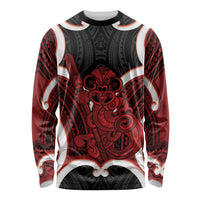 Whero Aotearoa Atua Tumatauenga Personalised Long Sleeve Shirt Maori God Of War Tiki With Taiaha LT14 Unisex Red - Polynesian Pride