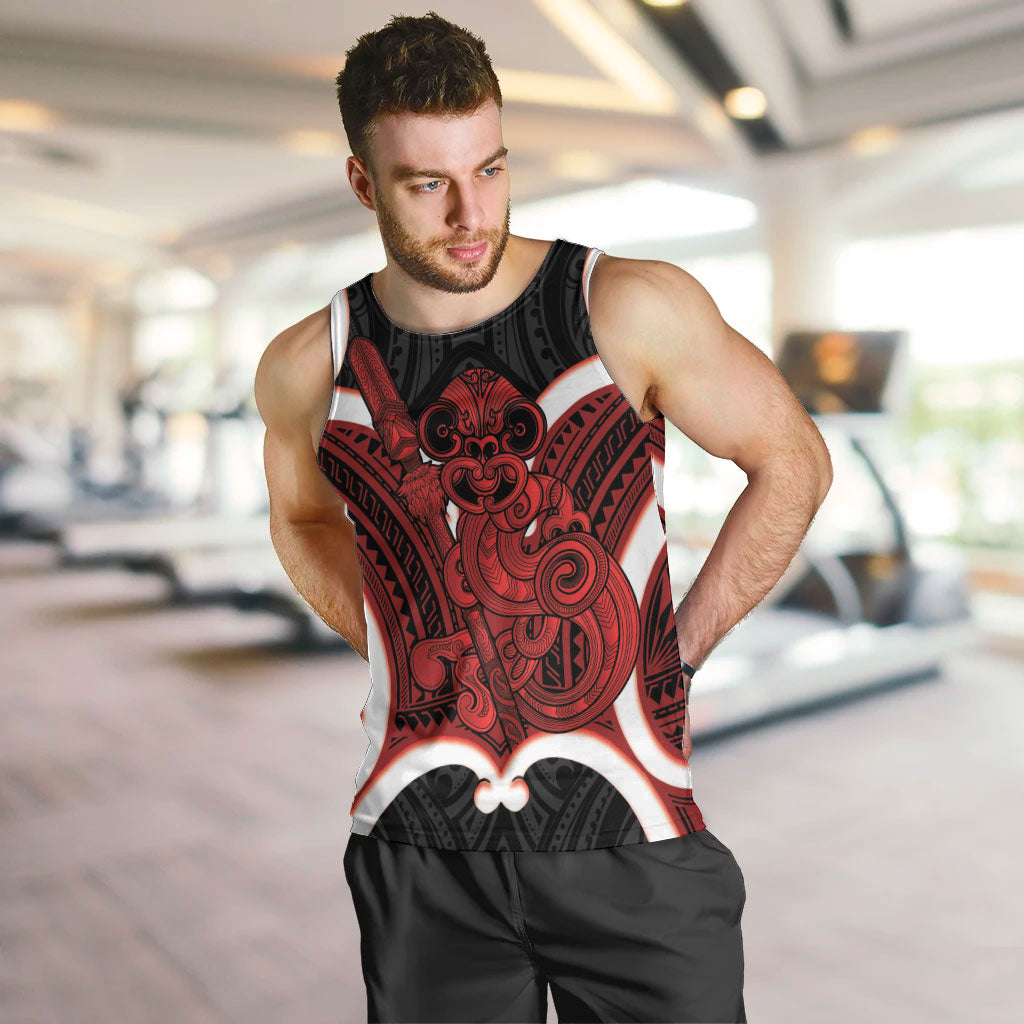 Whero Aotearoa Atua Tumatauenga Personalised Men Tank Top Maori God Of War Tiki With Taiaha LT14 Red - Polynesian Pride