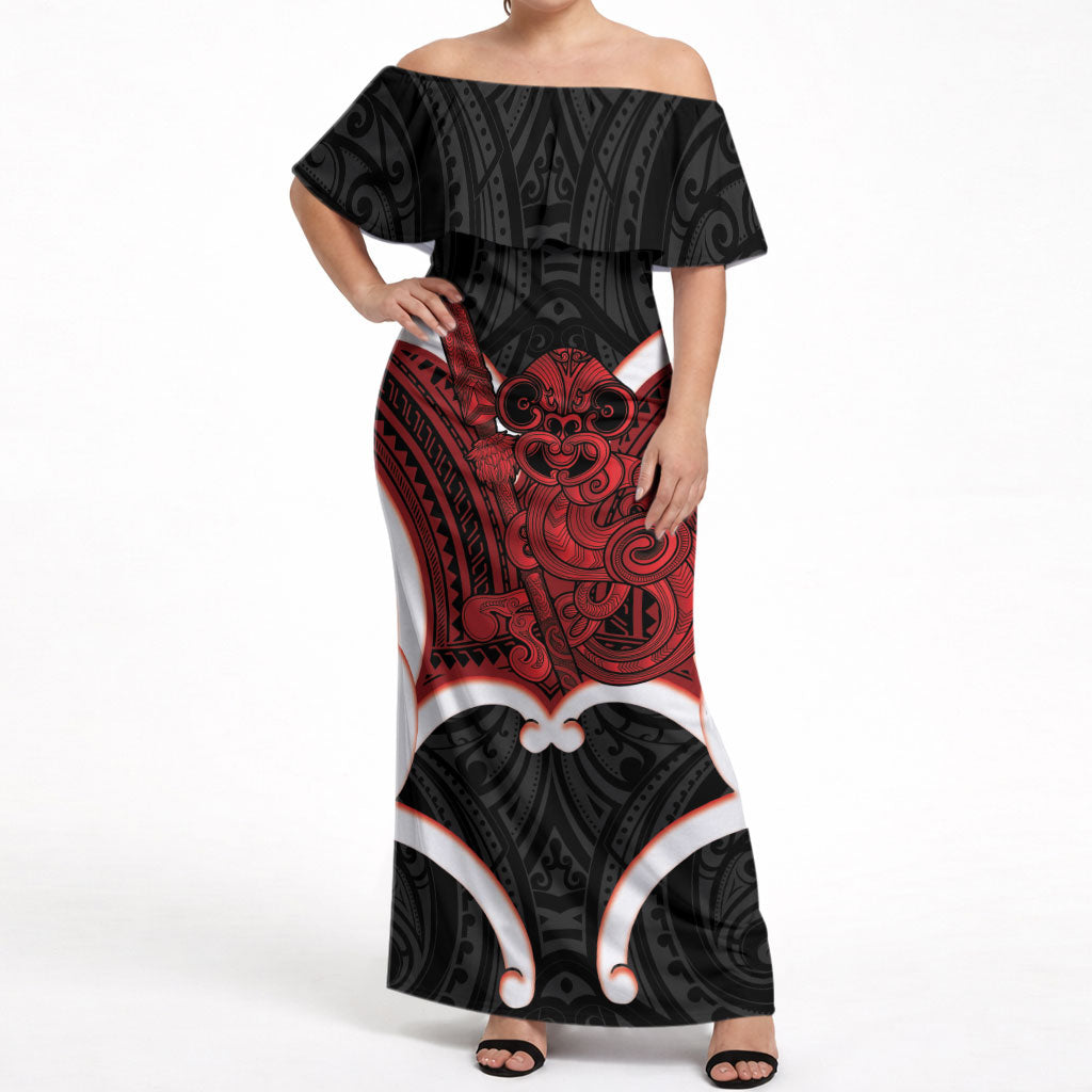Whero Aotearoa Atua Tumatauenga Personalised Off Shoulder Maxi Dress Maori God Of War Tiki With Taiaha LT14 Women Red - Polynesian Pride