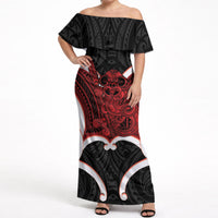 Whero Aotearoa Atua Tumatauenga Personalised Off Shoulder Maxi Dress Maori God Of War Tiki With Taiaha LT14 Women Red - Polynesian Pride