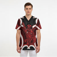 Whero Aotearoa Atua Tumatauenga Personalised Scrub Top Maori God Of War Tiki With Taiaha LT14 - Polynesian Pride