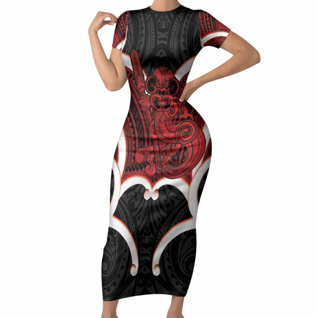 Whero Aotearoa Atua Tumatauenga Personalised Short Sleeve Bodycon Dress Maori God Of War Tiki With Taiaha LT14 Long Dress Red - Polynesian Pride
