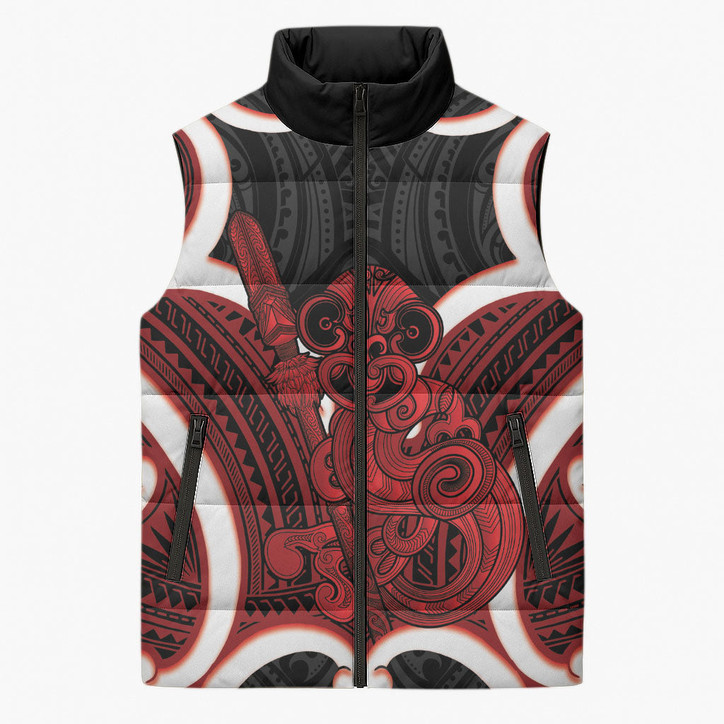 Whero Aotearoa Atua Tumatauenga Personalised Sleeveless Puffer Jacket Maori God Of War Tiki With Taiaha LT14 Unisex Red - Polynesian Pride