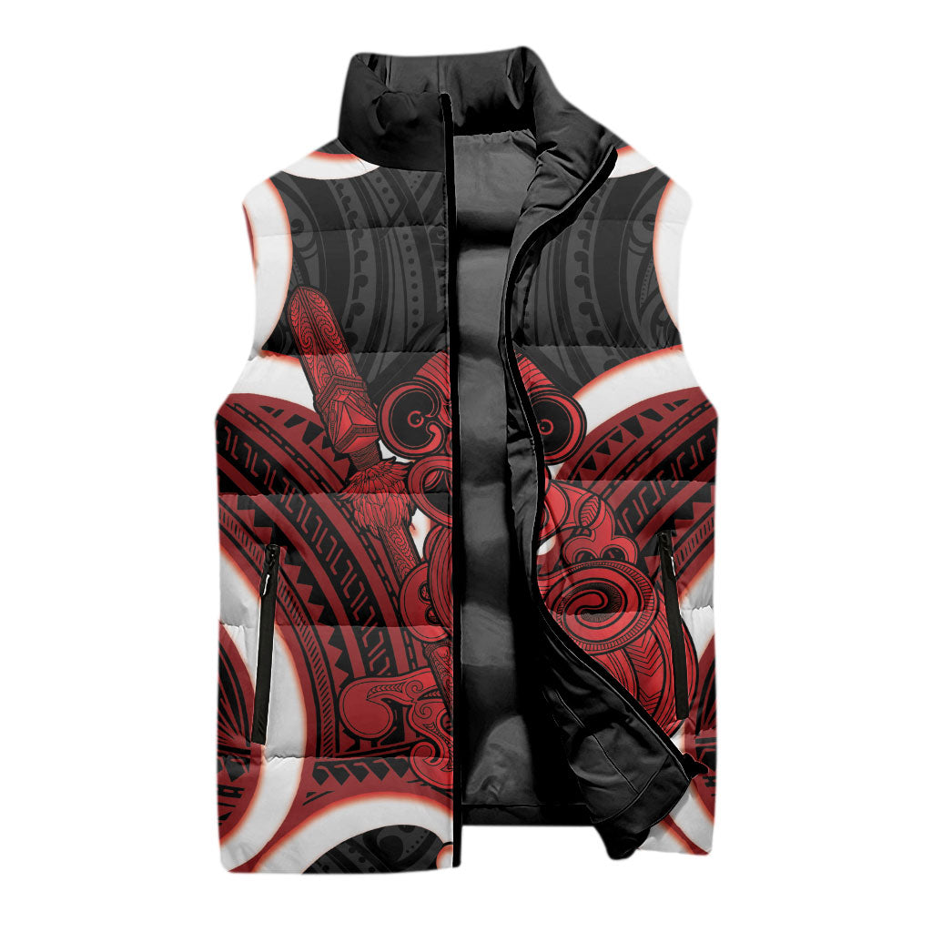 Whero Aotearoa Atua Tumatauenga Personalised Sleeveless Puffer Jacket Maori God Of War Tiki With Taiaha LT14 - Polynesian Pride