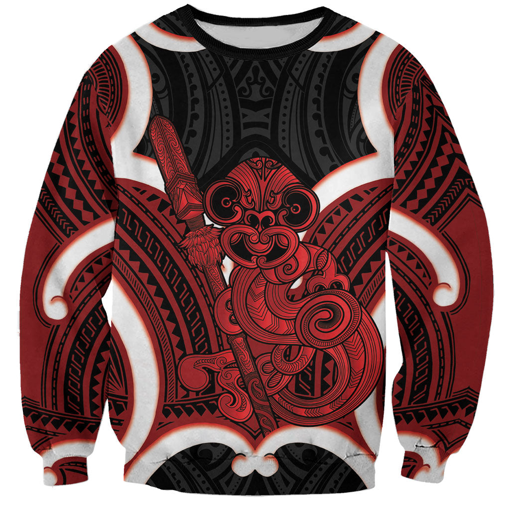 Whero Aotearoa Atua Tumatauenga Personalised Sweatshirt Maori God Of War Tiki With Taiaha LT14 Unisex Red - Polynesian Pride