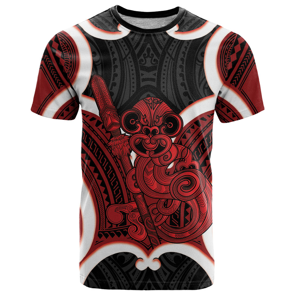 Whero Aotearoa Atua Tumatauenga Personalised T Shirt Maori God Of War Tiki With Taiaha LT14 Red - Polynesian Pride