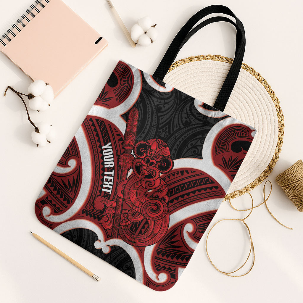 Whero Aotearoa Atua Tumatauenga Personalised Tote Bag Maori God Of War Tiki With Taiaha LT14 Black Strap One Size Red - Polynesian Pride