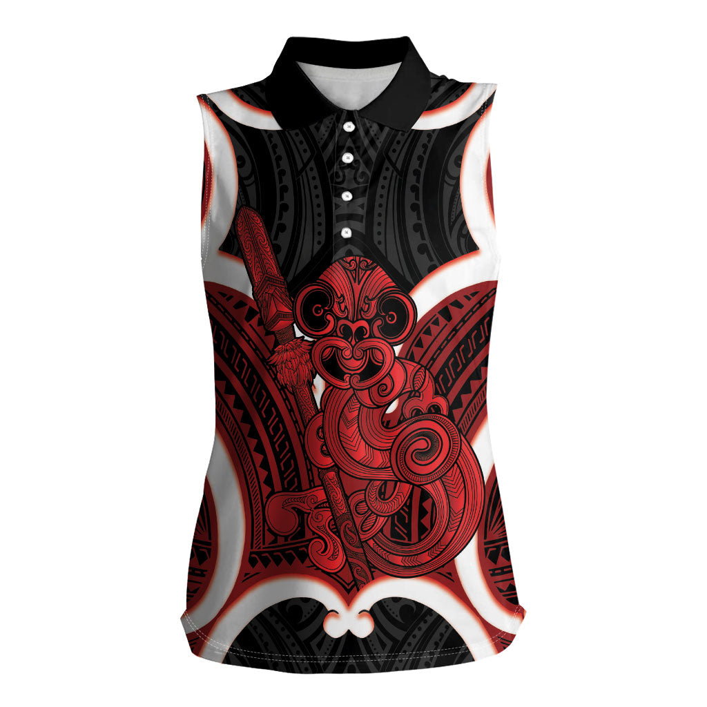 Whero Aotearoa Atua Tumatauenga Personalised Women Sleeveless Polo Shirt Maori God Of War Tiki With Taiaha LT14 Female Red - Polynesian Pride