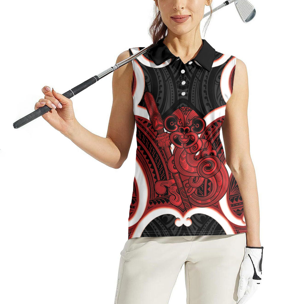 Whero Aotearoa Atua Tumatauenga Personalised Women Sleeveless Polo Shirt Maori God Of War Tiki With Taiaha LT14 - Polynesian Pride