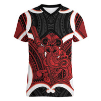 Whero Aotearoa Atua Tumatauenga Personalised Women V-Neck T-Shirt Maori God Of War Tiki With Taiaha LT14 Female Red - Polynesian Pride