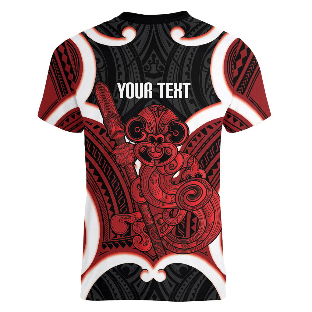 Whero Aotearoa Atua Tumatauenga Personalised Women V-Neck T-Shirt Maori God Of War Tiki With Taiaha LT14 - Polynesian Pride