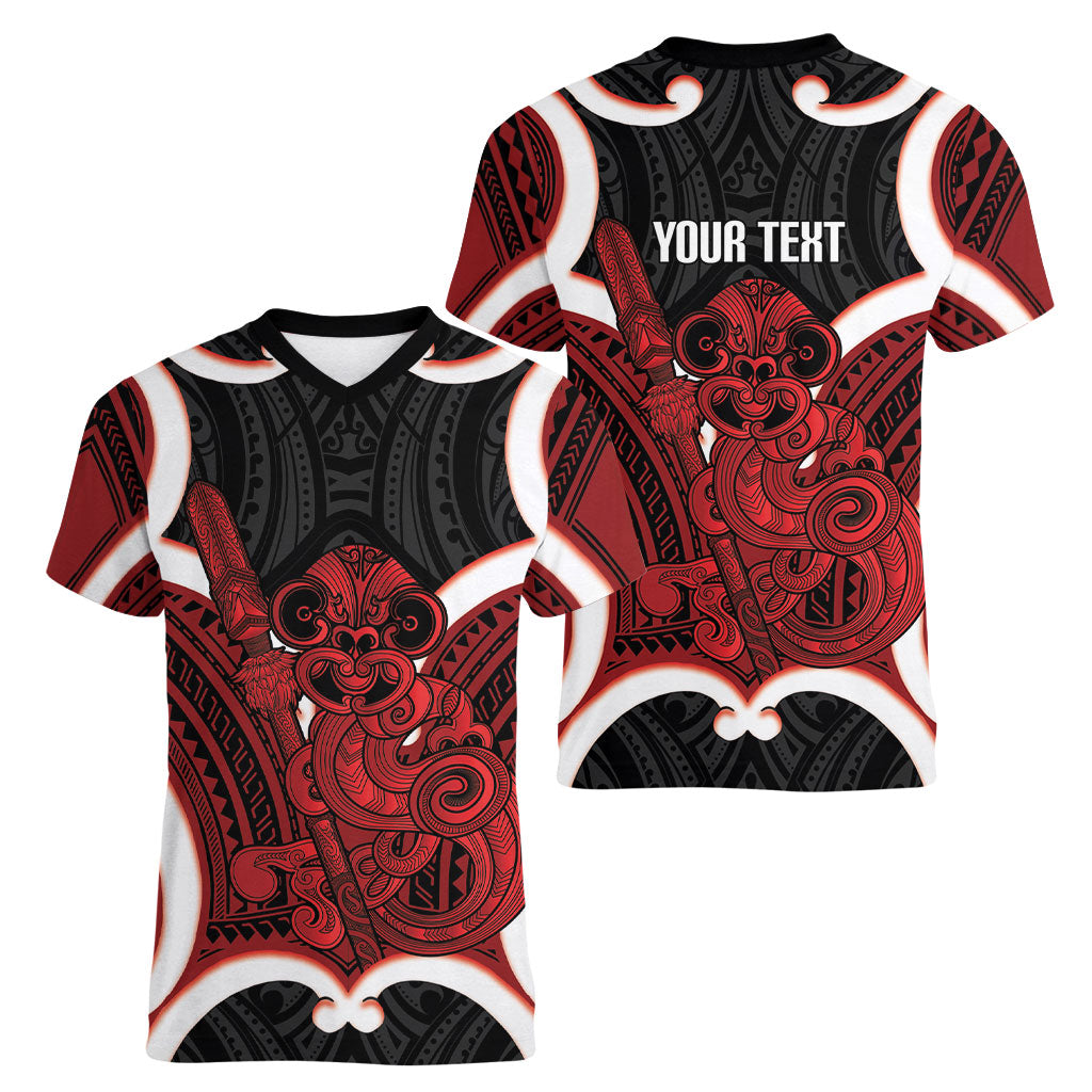 Whero Aotearoa Atua Tumatauenga Personalised Women V-Neck T-Shirt Maori God Of War Tiki With Taiaha LT14 - Polynesian Pride