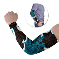 Kikorangi Aotearoa Atua Tumatauenga Personalised Arm Sleeves Maori God Of War Tiki With Taiaha LT14 Set of 2 Blue - Polynesian Pride