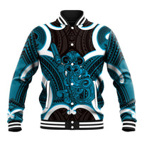 Kikorangi Aotearoa Atua Tumatauenga Personalised Baseball Jacket Maori God Of War Tiki With Taiaha LT14 Unisex Blue - Polynesian Pride