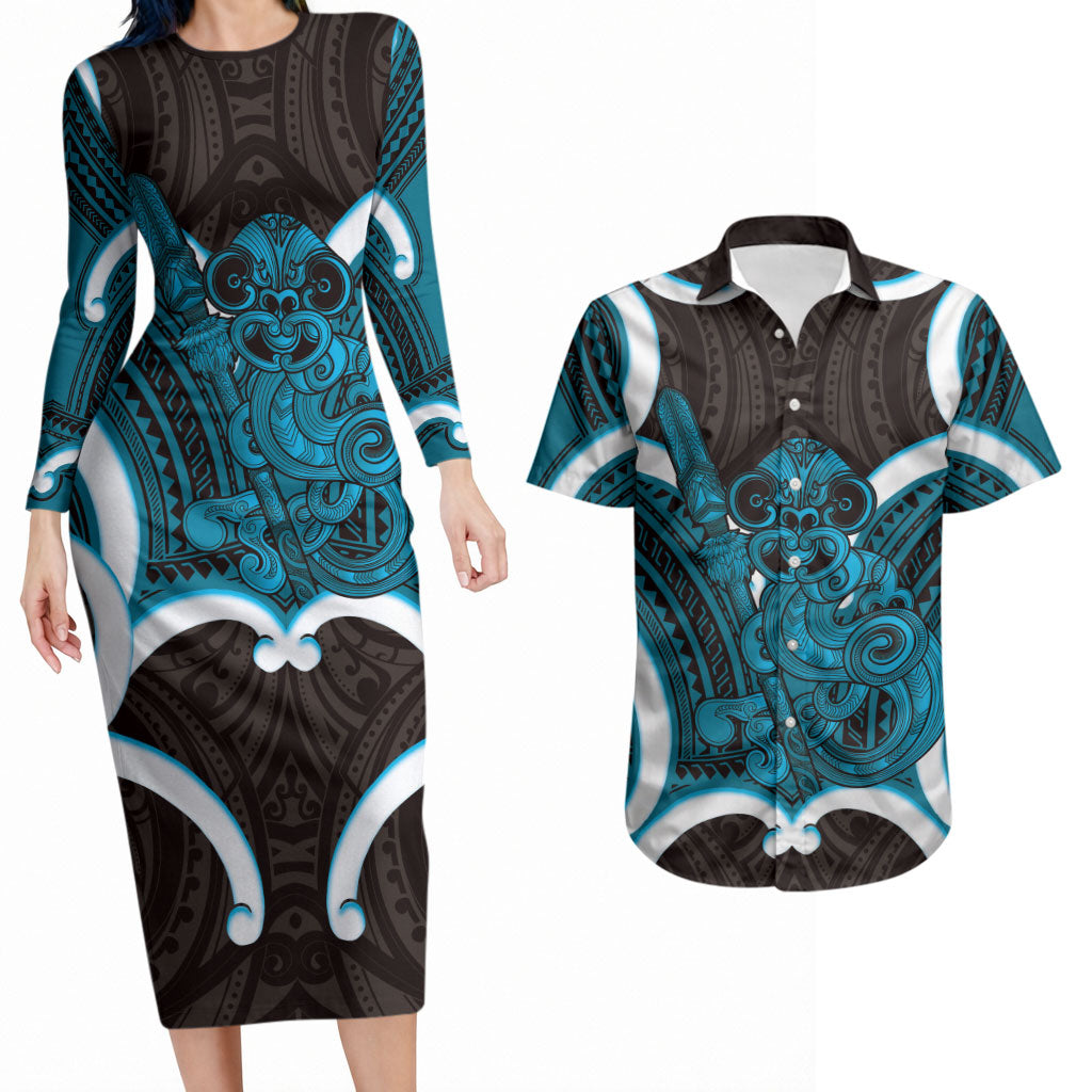 Kikorangi Aotearoa Atua Tumatauenga Personalised Couples Matching Long Sleeve Bodycon Dress and Hawaiian Shirt Maori God Of War Tiki With Taiaha LT14 Blue - Polynesian Pride