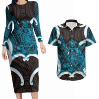 Kikorangi Aotearoa Atua Tumatauenga Personalised Couples Matching Long Sleeve Bodycon Dress and Hawaiian Shirt Maori God Of War Tiki With Taiaha LT14 Blue - Polynesian Pride