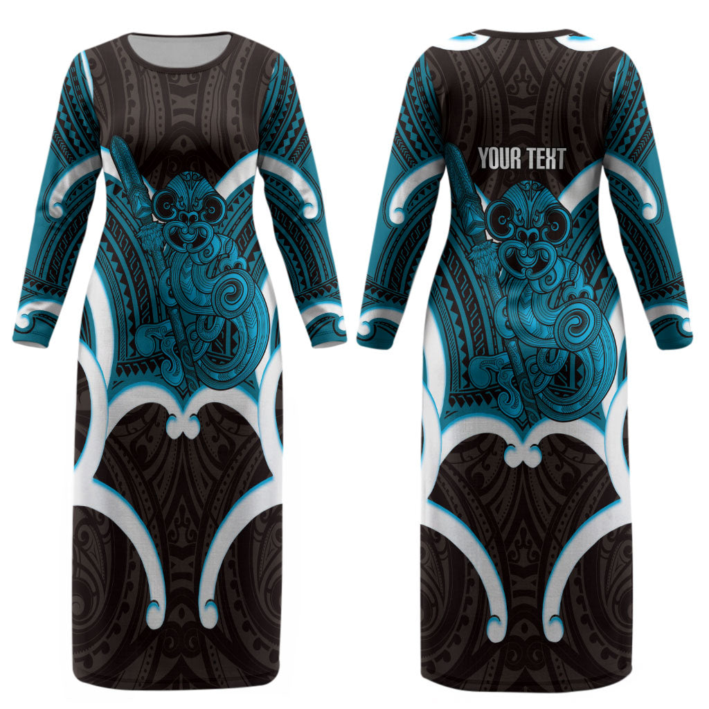 Kikorangi Aotearoa Atua Tumatauenga Personalised Couples Matching Long Sleeve Bodycon Dress and Long Sleeve Button Shirt Maori God Of War Tiki With Taiaha LT14 - Polynesian Pride