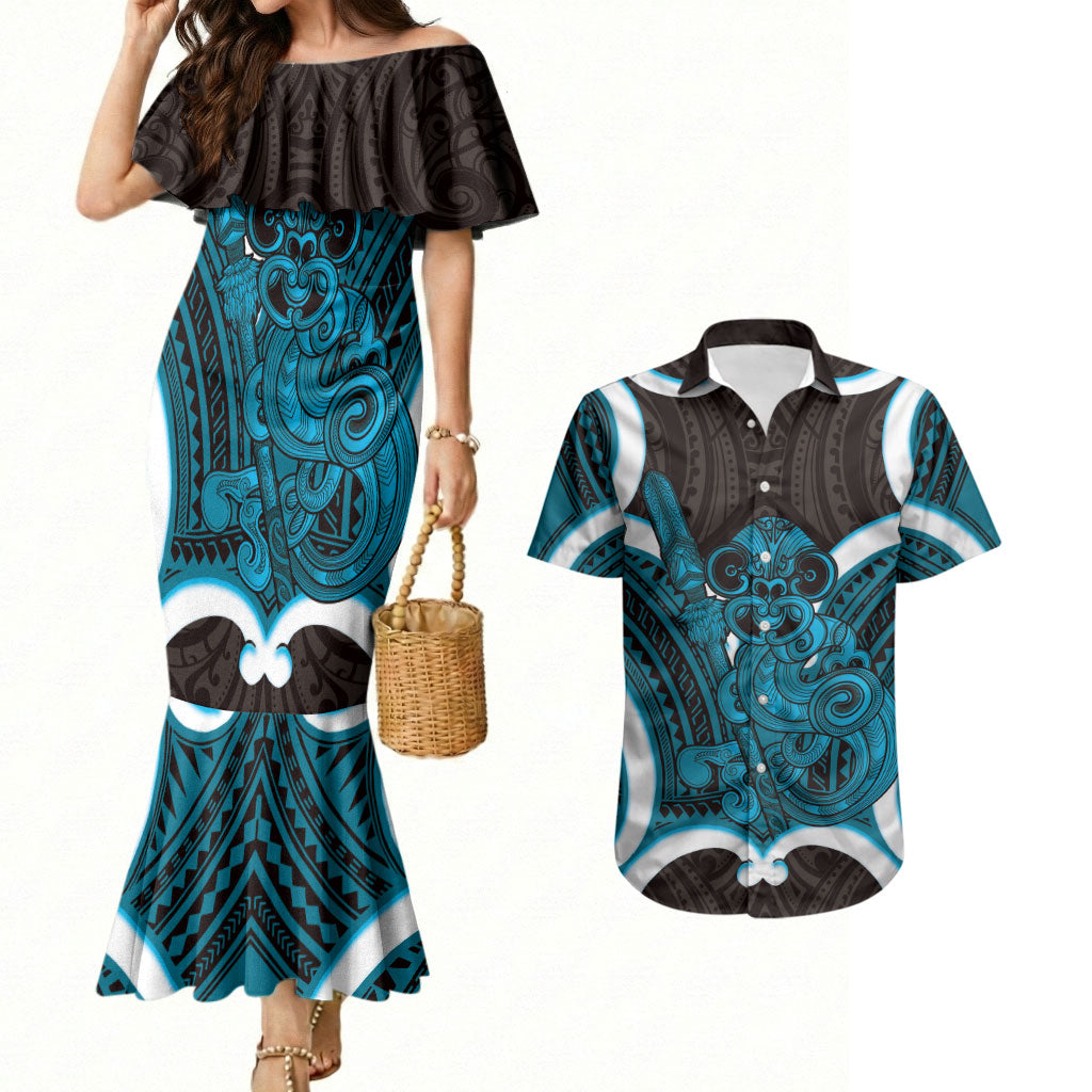 Kikorangi Aotearoa Atua Tumatauenga Personalised Couples Matching Mermaid Dress and Hawaiian Shirt Maori God Of War Tiki With Taiaha LT14 Blue - Polynesian Pride