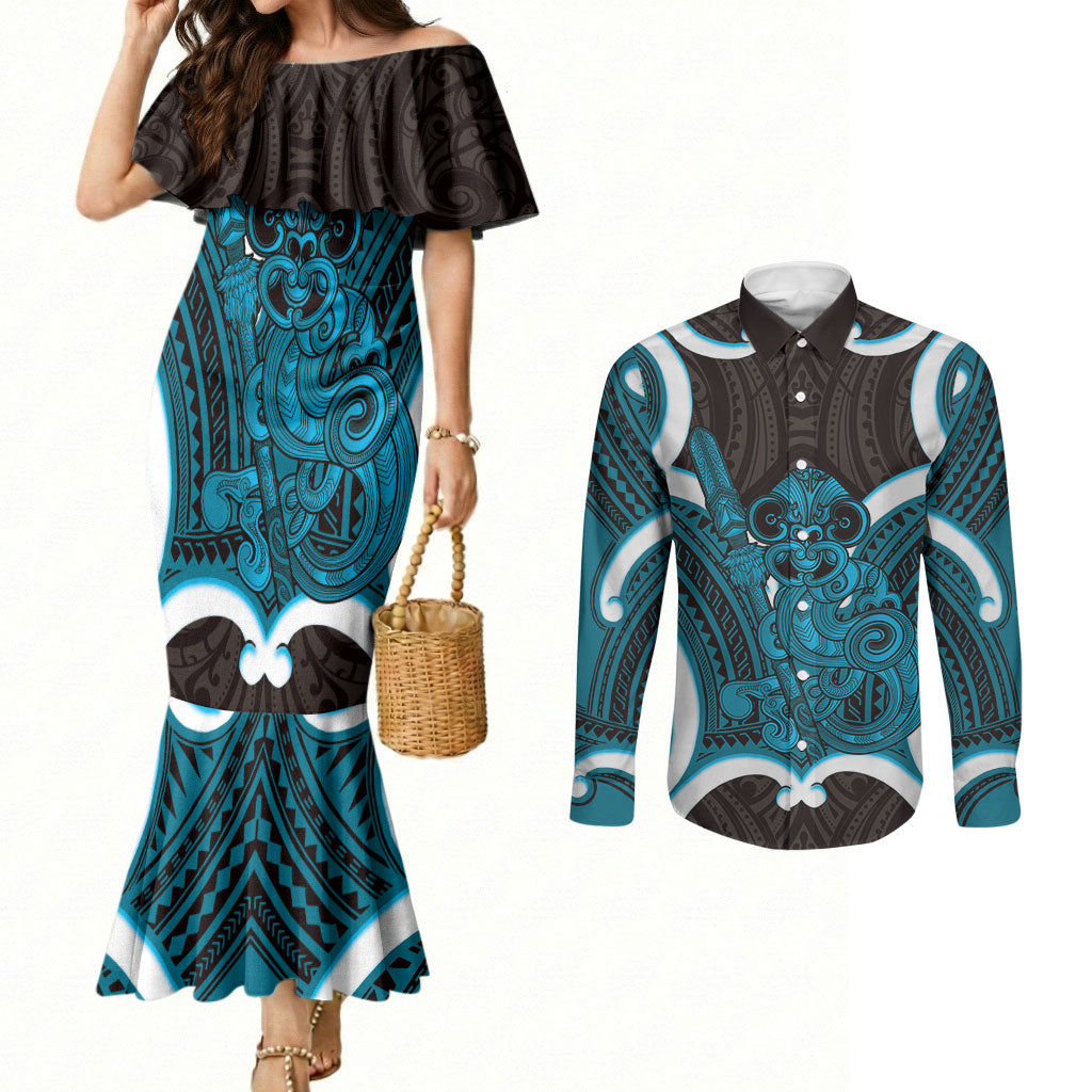 Kikorangi Aotearoa Atua Tumatauenga Personalised Couples Matching Mermaid Dress and Long Sleeve Button Shirt Maori God Of War Tiki With Taiaha LT14 Blue - Polynesian Pride