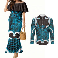 Kikorangi Aotearoa Atua Tumatauenga Personalised Couples Matching Mermaid Dress and Long Sleeve Button Shirt Maori God Of War Tiki With Taiaha LT14 Blue - Polynesian Pride