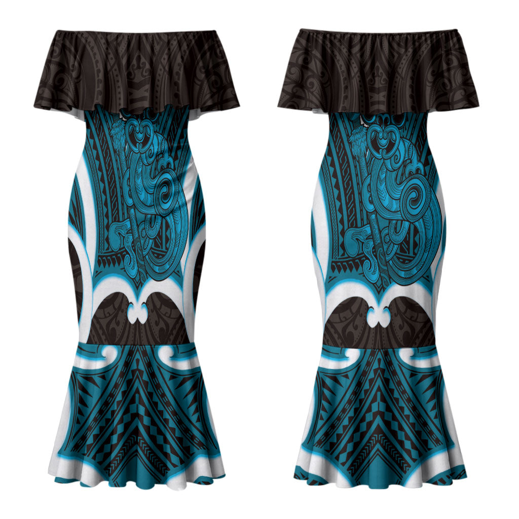 Kikorangi Aotearoa Atua Tumatauenga Personalised Couples Matching Mermaid Dress and Long Sleeve Button Shirt Maori God Of War Tiki With Taiaha LT14 - Polynesian Pride