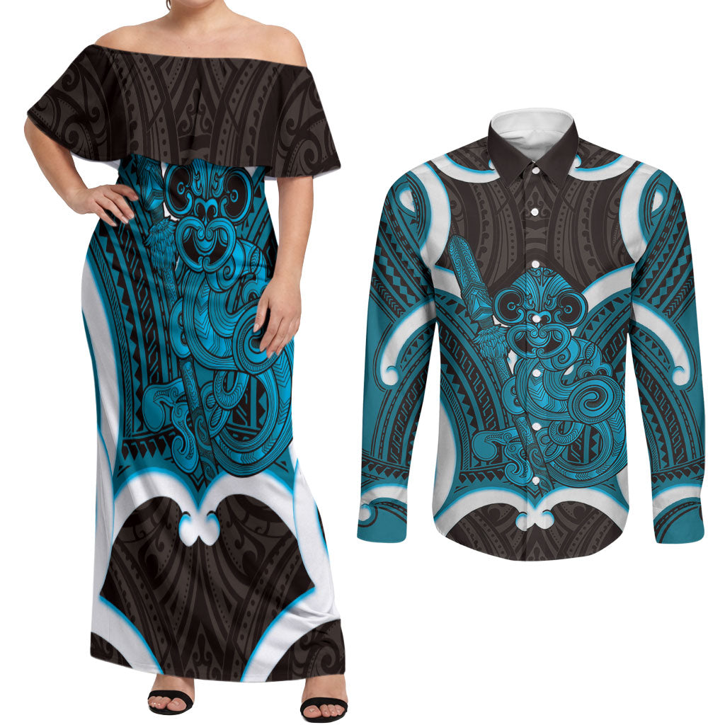 Kikorangi Aotearoa Atua Tumatauenga Personalised Couples Matching Off Shoulder Maxi Dress and Long Sleeve Button Shirt Maori God Of War Tiki With Taiaha LT14 Blue - Polynesian Pride