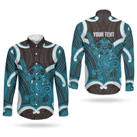 Kikorangi Aotearoa Atua Tumatauenga Personalised Couples Matching Off Shoulder Maxi Dress and Long Sleeve Button Shirt Maori God Of War Tiki With Taiaha LT14 - Polynesian Pride