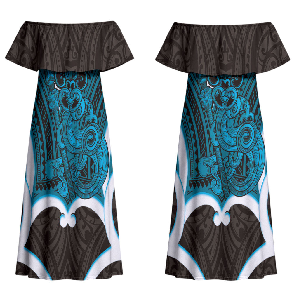Kikorangi Aotearoa Atua Tumatauenga Personalised Couples Matching Off Shoulder Maxi Dress and Long Sleeve Button Shirt Maori God Of War Tiki With Taiaha LT14 - Polynesian Pride