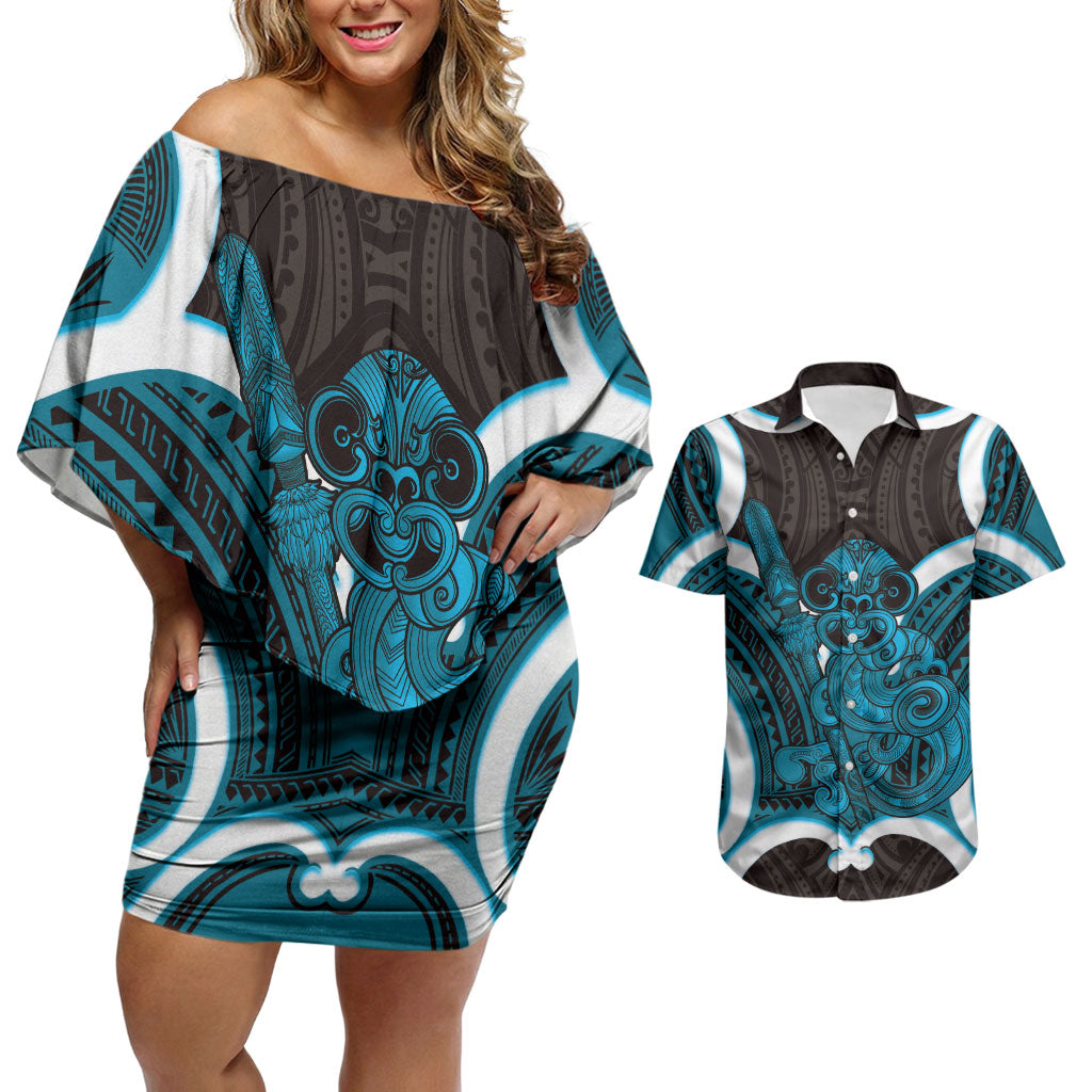 Kikorangi Aotearoa Atua Tumatauenga Personalised Couples Matching Off Shoulder Short Dress and Hawaiian Shirt Maori God Of War Tiki With Taiaha LT14 Blue - Polynesian Pride