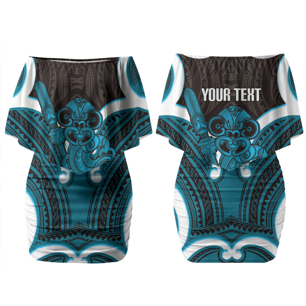 Kikorangi Aotearoa Atua Tumatauenga Personalised Couples Matching Off Shoulder Short Dress and Long Sleeve Button Shirt Maori God Of War Tiki With Taiaha LT14 - Polynesian Pride