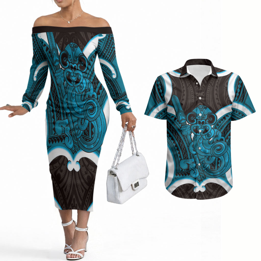 Kikorangi Aotearoa Atua Tumatauenga Personalised Couples Matching Off The Shoulder Long Sleeve Dress and Hawaiian Shirt Maori God Of War Tiki With Taiaha LT14 Blue - Polynesian Pride