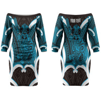 Kikorangi Aotearoa Atua Tumatauenga Personalised Couples Matching Off The Shoulder Long Sleeve Dress and Hawaiian Shirt Maori God Of War Tiki With Taiaha LT14 - Polynesian Pride
