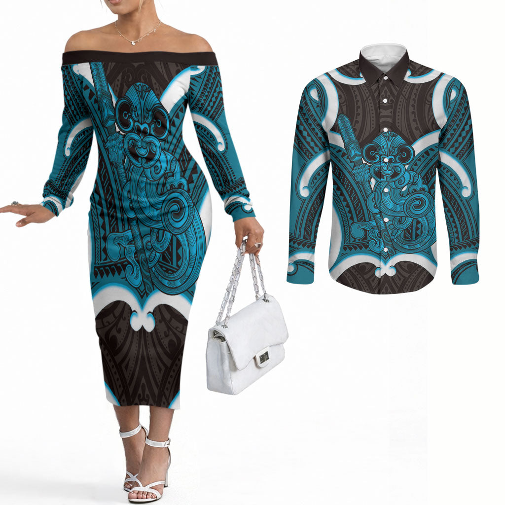 Kikorangi Aotearoa Atua Tumatauenga Personalised Couples Matching Off The Shoulder Long Sleeve Dress and Long Sleeve Button Shirt Maori God Of War Tiki With Taiaha LT14 Blue - Polynesian Pride