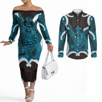 Kikorangi Aotearoa Atua Tumatauenga Personalised Couples Matching Off The Shoulder Long Sleeve Dress and Long Sleeve Button Shirt Maori God Of War Tiki With Taiaha LT14 Blue - Polynesian Pride